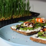 Savor this gourmet open-faced sandwich with shrimp, avocado, and fresh greens on rye bread.